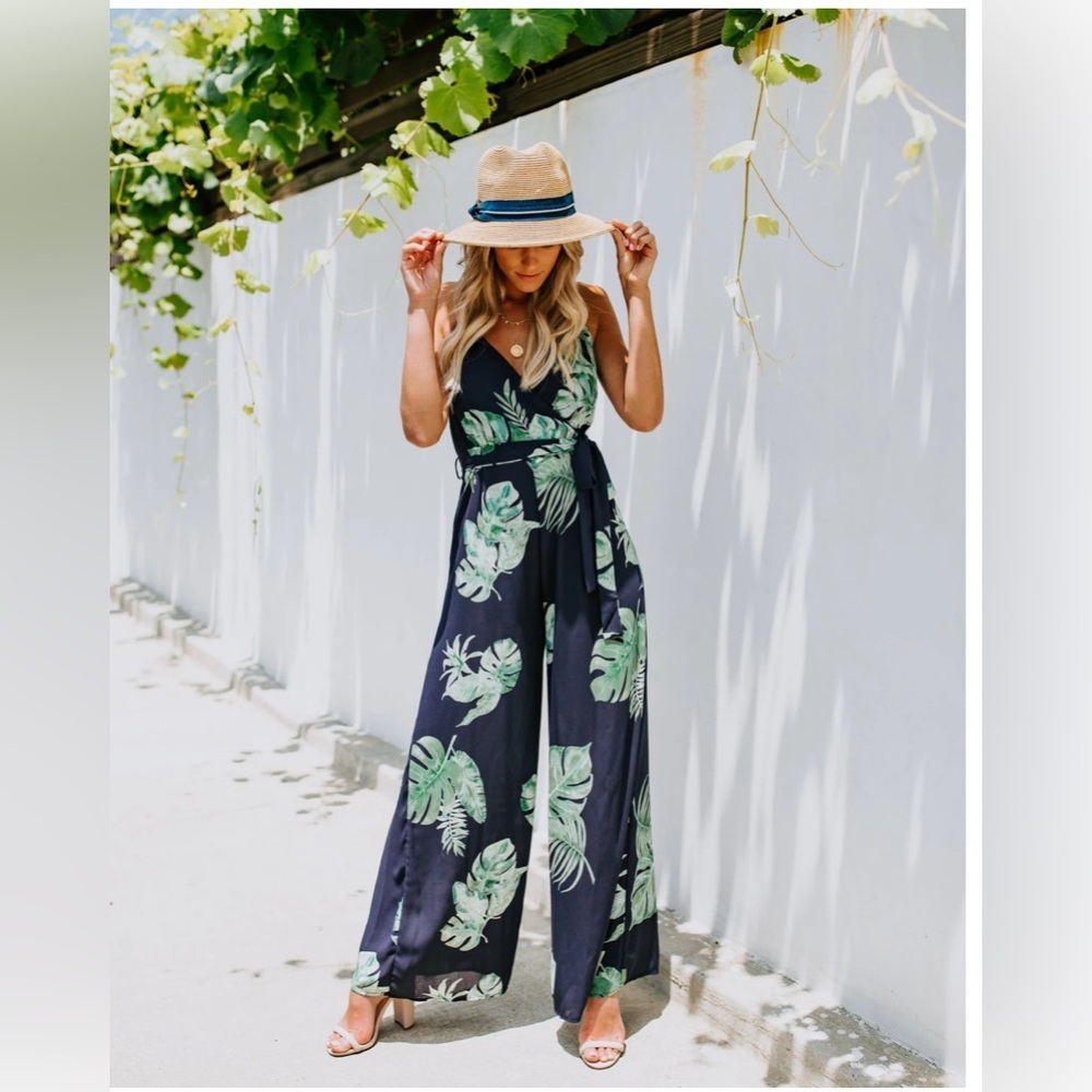 Vici Midnight Blue Tropical/Leafy Sleeveless Crossback Jumpsuit